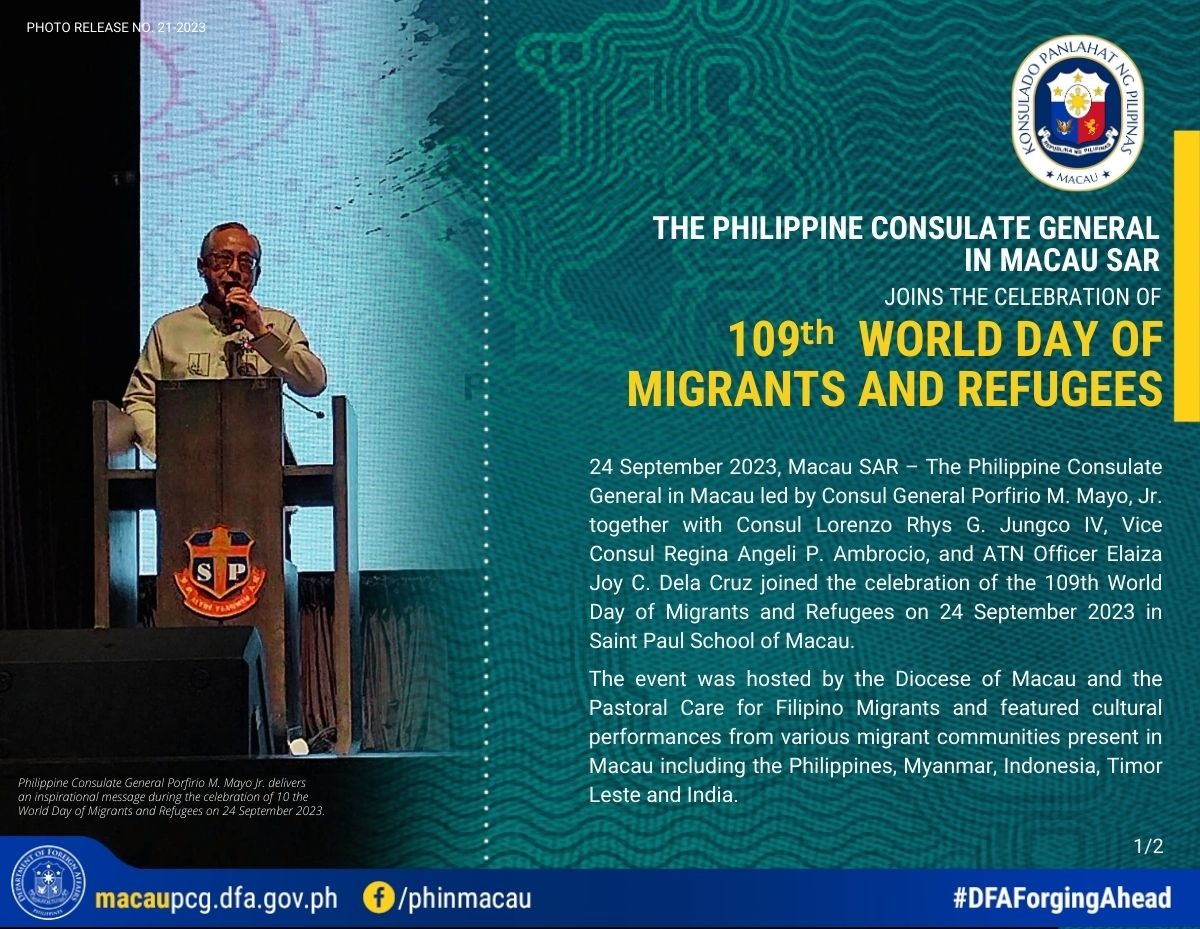 1Photo Release No.21 2023 The Philippine Consulate General In Macau SAR Joins the Celebration of 109th World Day Of Migrants And Refugees