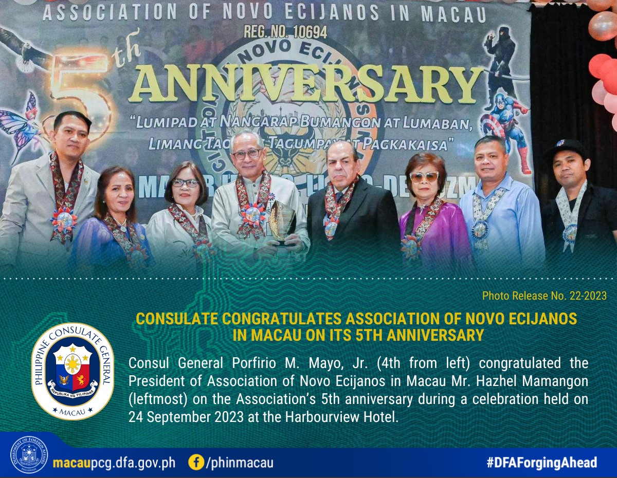 1Photo Release No.22 2023 Consulate Congratulates Association of Novo Ecijanos In Macau On Its 5th Anniversary