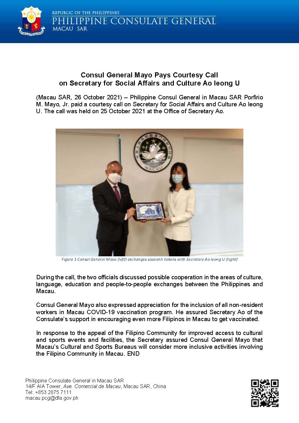 PHOTO RELEASE Consul General Mayo Pays Courtesy Call on Secretary for Social Affairs and Culture Ao leong U