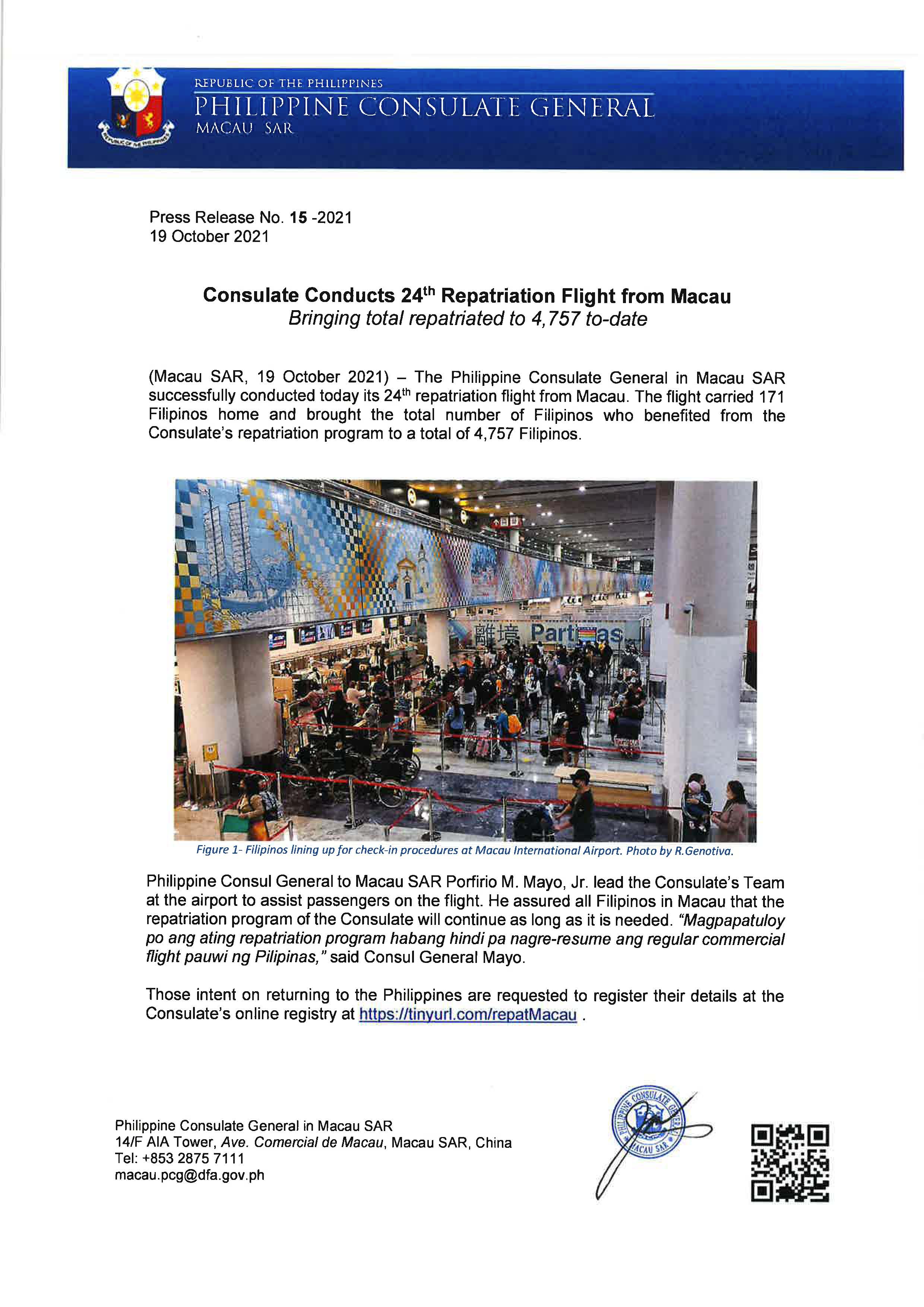 Press Release No. 15 2021 Consulate Conducts 24th Repatriation Flight from Macau Page 1