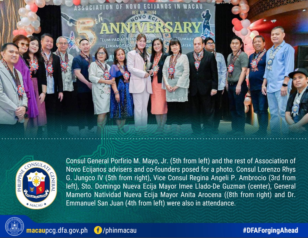 2 Photo Release No.22 2023 Consulate Congratulates Association of Novo Ecijanos In Macau On Its 5th Anniversary