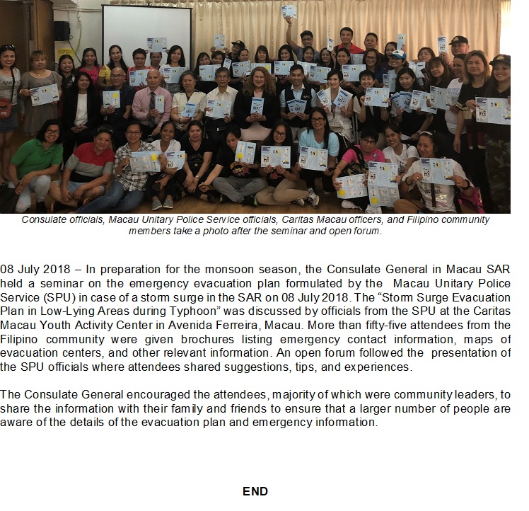 CONSULATE GENERAL IN MACAU SAR HOLDS SEMINAR AND FORUM ON STORM SURGE EVACUATION PLAN DURING TYPHOON