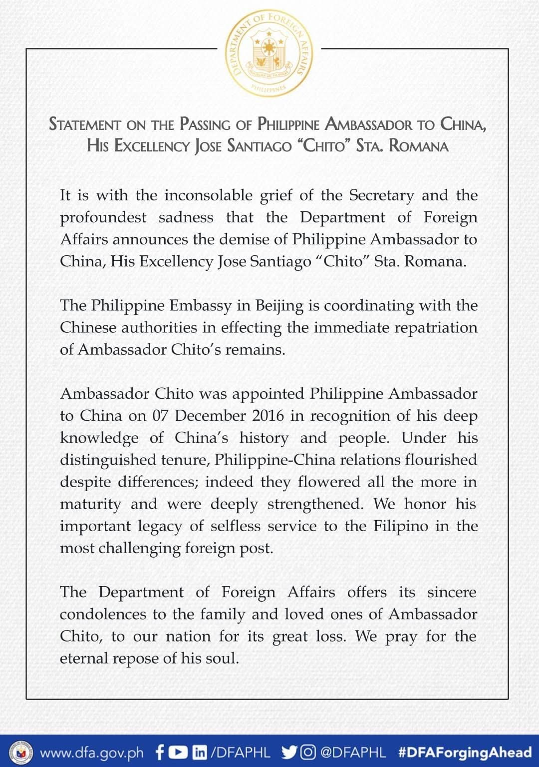 DFA Statement on the Passing of PH Ambassador to China HE Jose Santiago Sta Romana