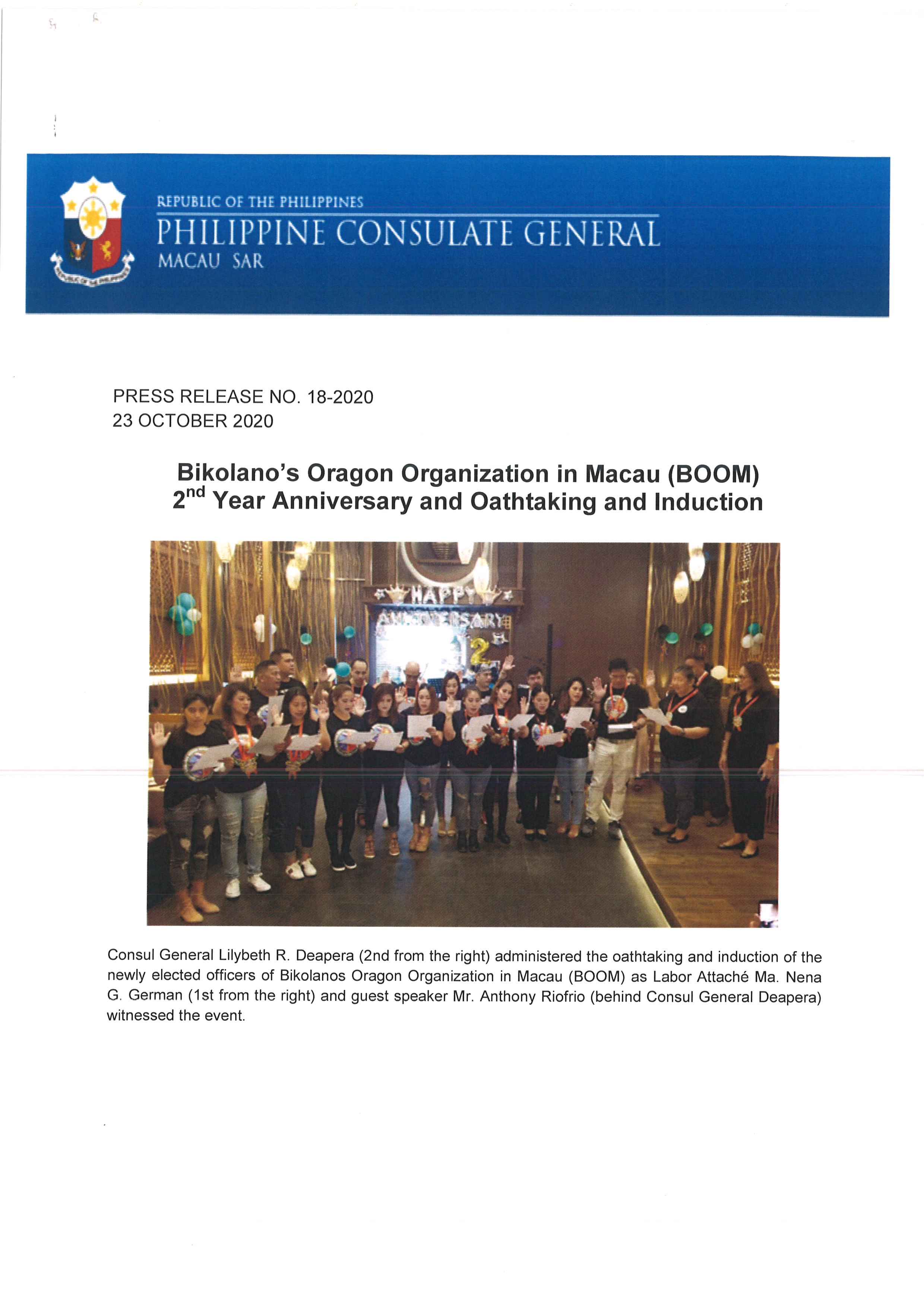 PRESS RELEASE NO. 18 2020 Bikolanos Oragon Organization in Macau BOOM 2nd Year Anniversary and Oathtaking and Induction