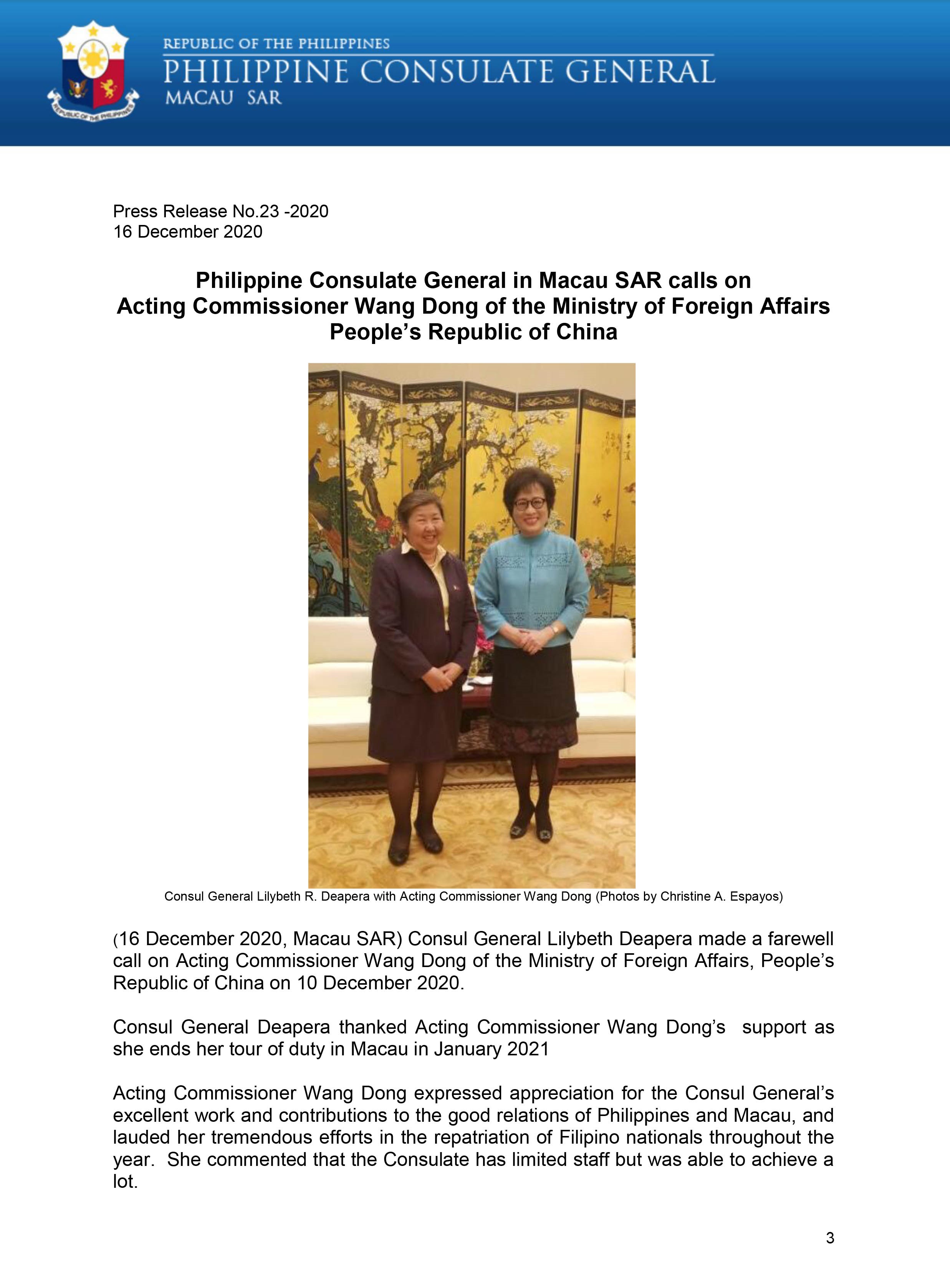 PRESS RELEASE NO. 23 2020 PHILIPPINE CONSULATE GENERAL IN MACAU SAR CALLS ON ACTING COMMISSIONER WANG DONG OF THE MINISTRY OF FOREIGN AFFAIRS PEOPLES REPUBLIC OF CHINA