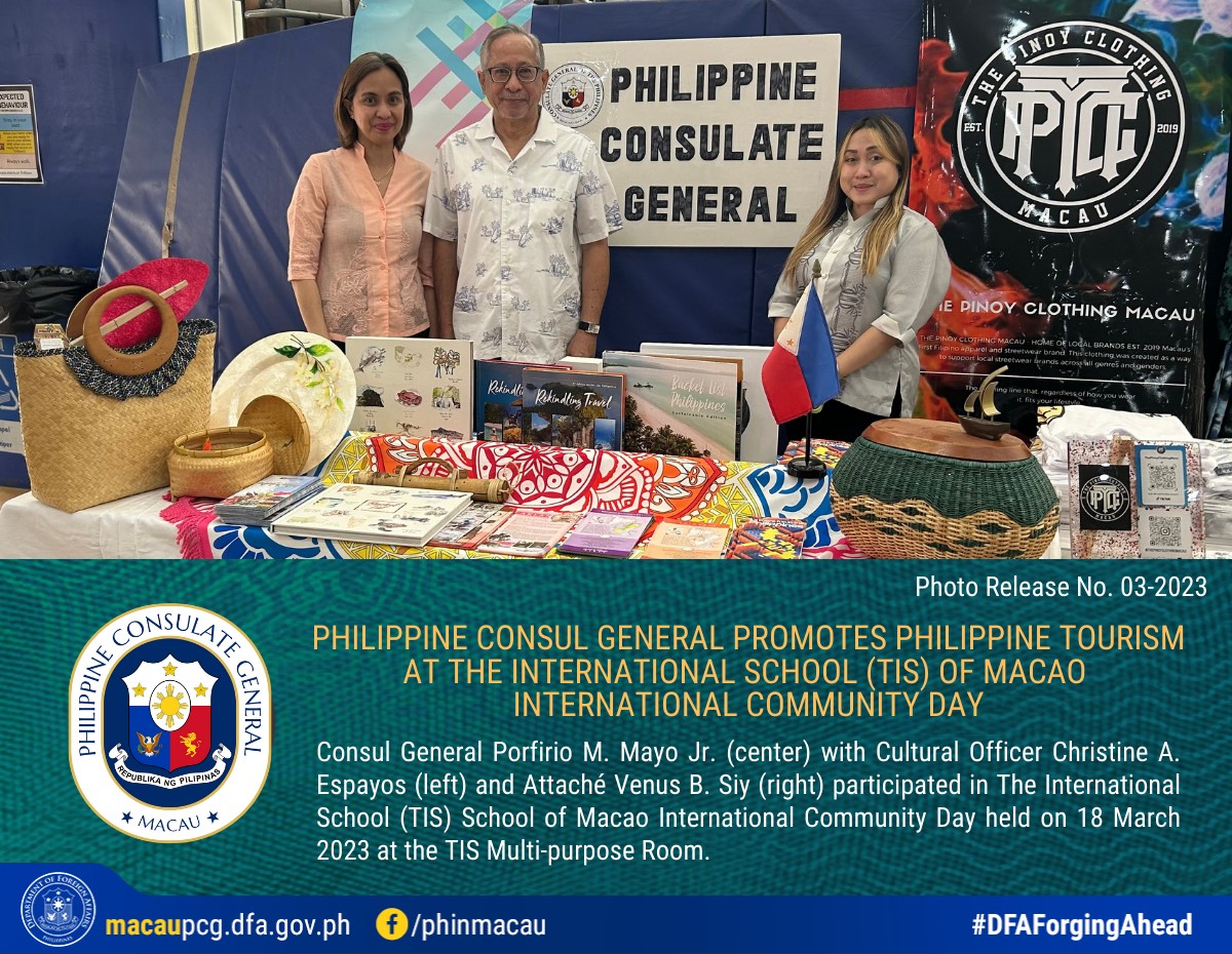 Photo Release No. 03 2023 Philippine Consul Geeral Promotes Philippine tourism at the International School TIS of Macao International Community day