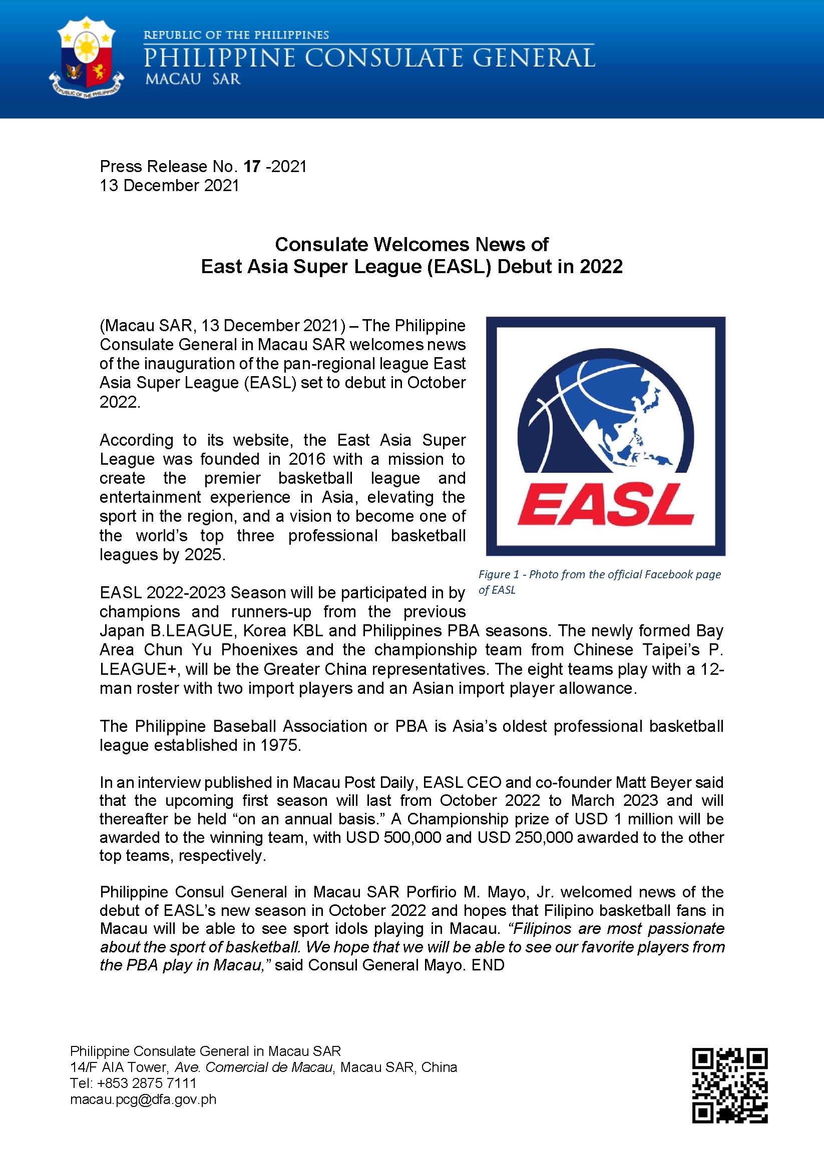 Press Release No.17 2021 Consulate Welcoms News of East Asia Super League EASL DEbut in 2022