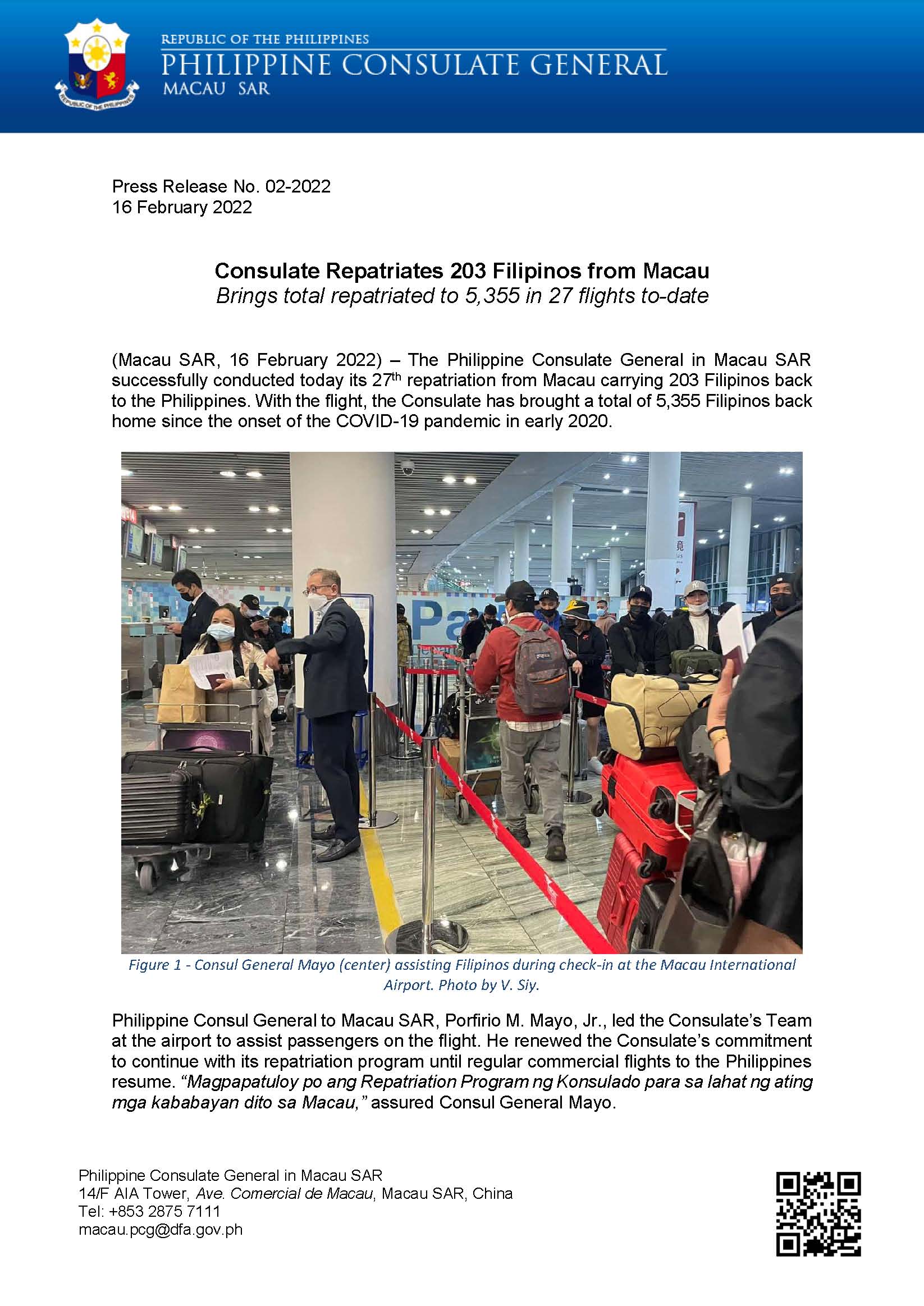 Press Release No. 02 2022 27th Repatriation Flight from Macau 16 February 2022 Page 1