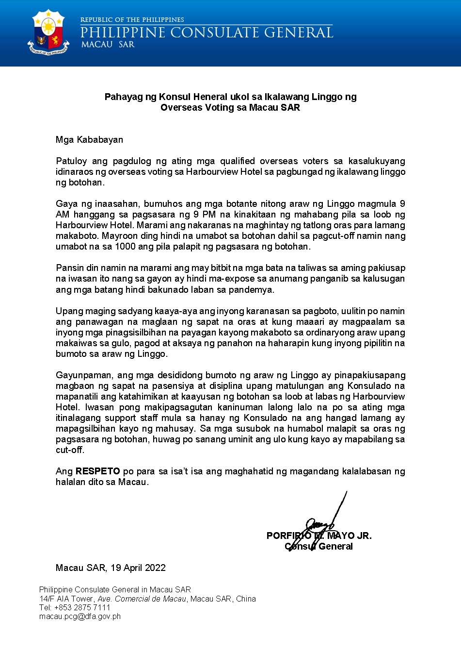 Press Release No. 09 2022 Pahayag ng Konsul Heneral ukol sa Ikalawang Linggo ng Overseas Voting sa Macau SAR