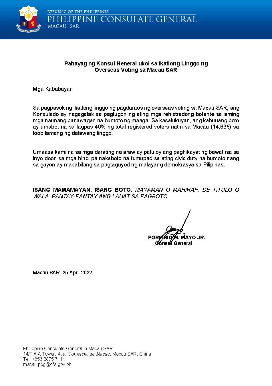 Press Release no.11 2022 Pahayag ng Konsul Heneral ukol sa Ikatlong Linggo ng Overseas Voting sa Macau SAR