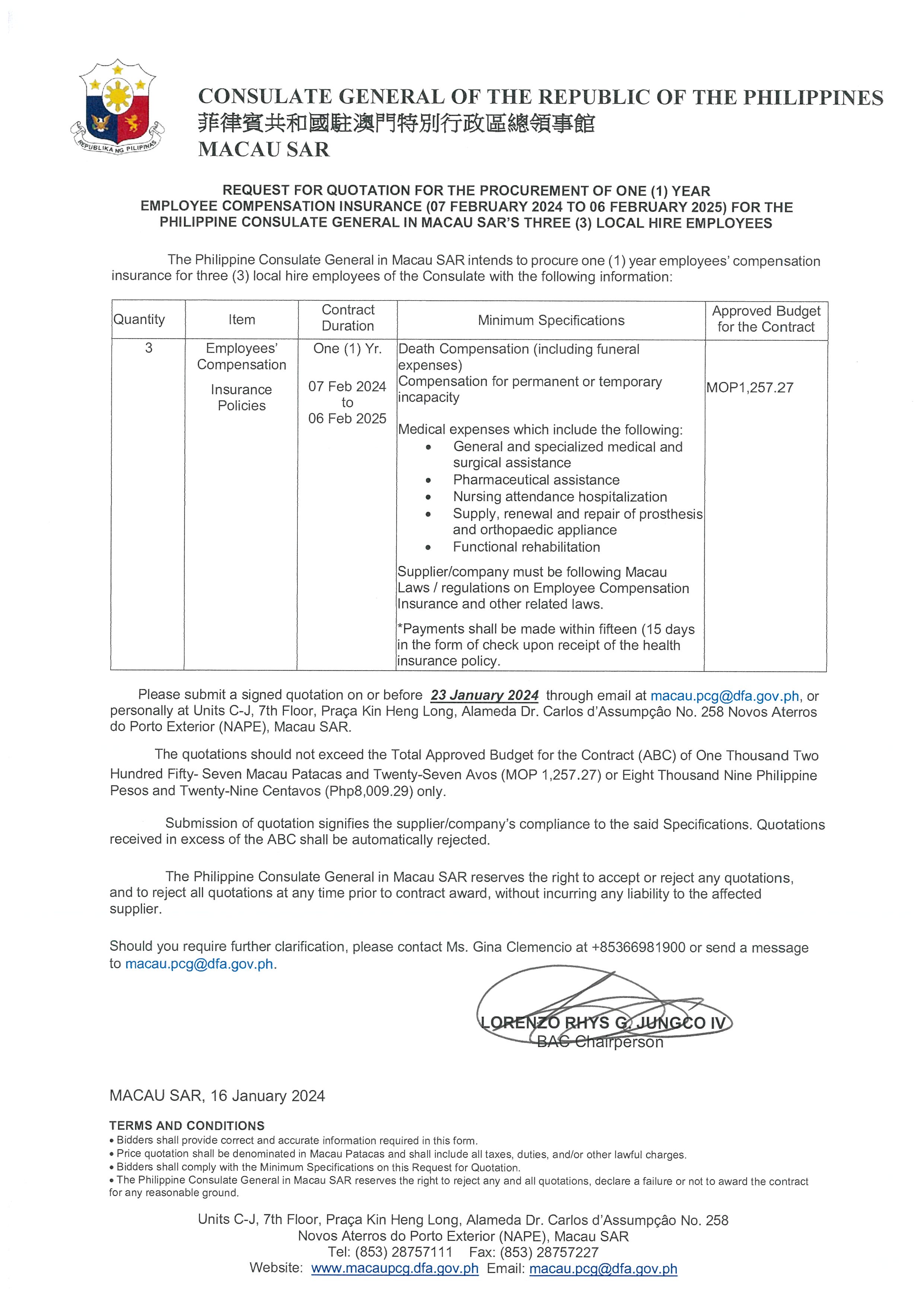 RFQ Procurement of 1 year employee Compensation Insurance for the three 3 local hire employees of the PCG in Macau SAR