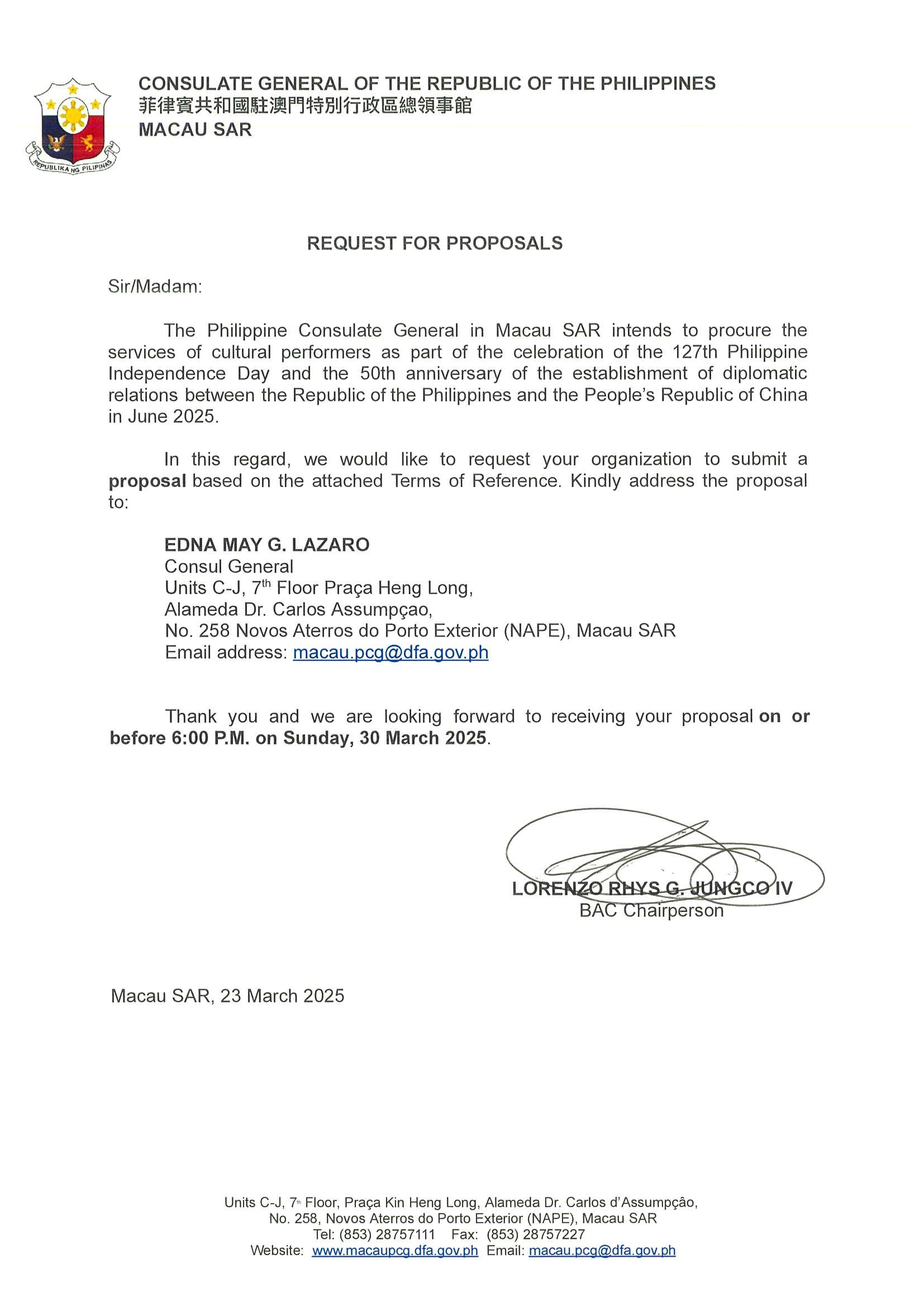 Request For Proposals for the Procurement of Services of Cultural Performers as part of 127th Phil. Independence Day 50th Anniversary of Diplo Relations Bet. PHL. CHN