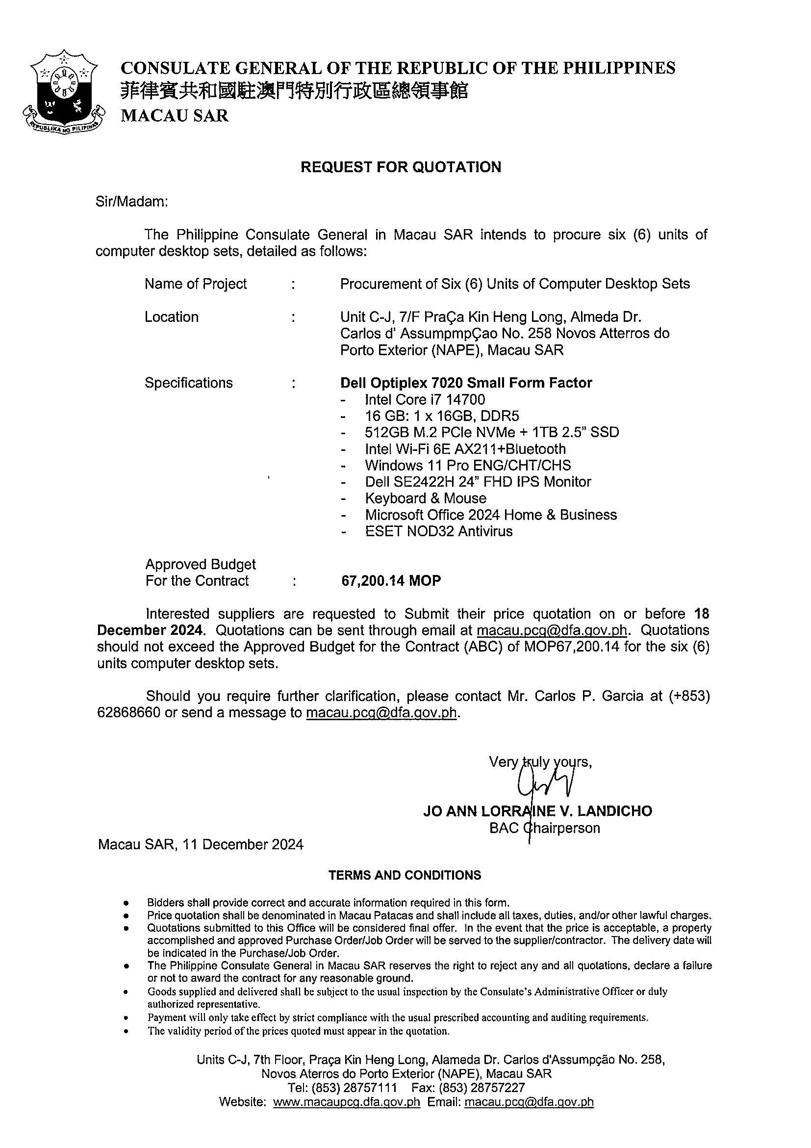 Request For Quotation for the Procurement of Six 6 Units of Computer Desktop Sets