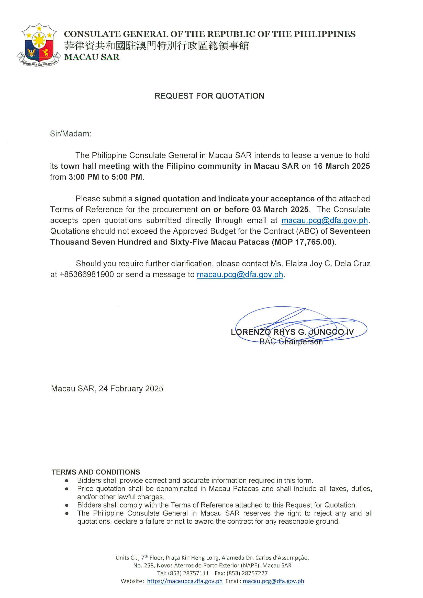 Request For Quotation for the Procurement of Venue for the Town Hall Meeting with FIlCom on 16 March 2025