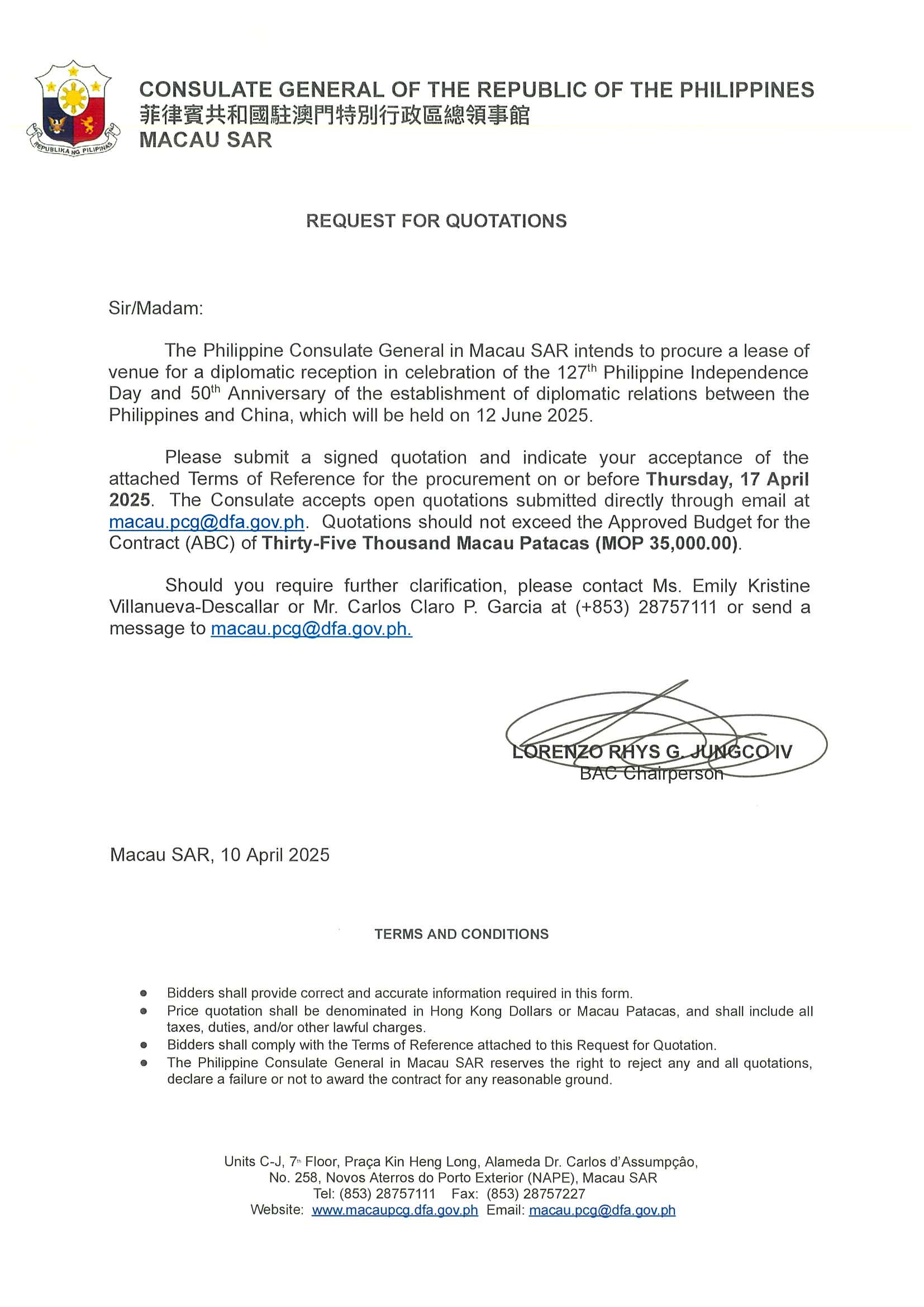 Request For Quotation for the Procurement of a Lease of Venue for Diplomatic Reception in Celebration of 127th PH Independence Day 50thAnniv. of the Establishment of Diplo. Relations Bet. PH CHN