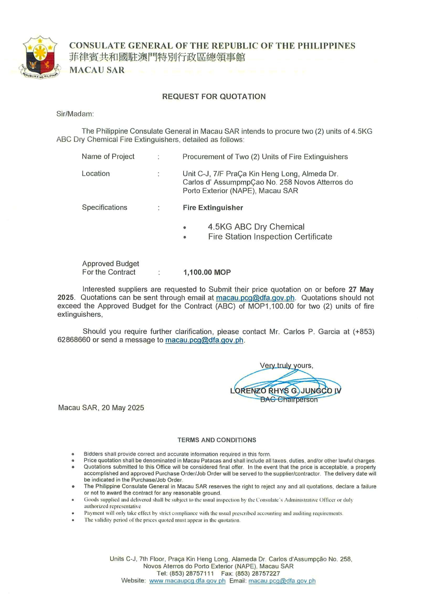 Request For Quotation for the Procurement ofo 2 Units of Fire Extinguishers