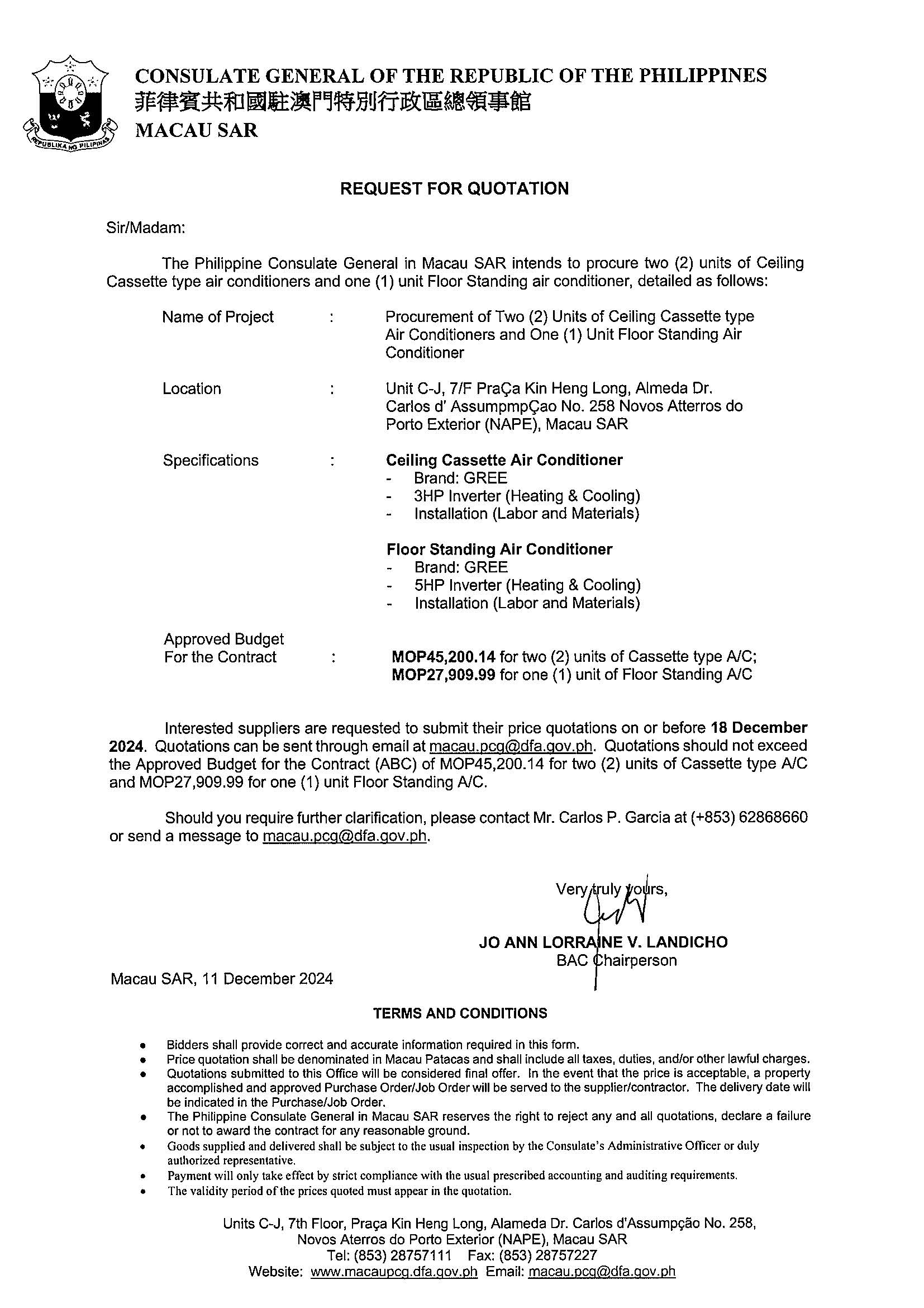 Request for Quotation for the Procurement of Two 2 Units of Ceiling Cassette Type Air Conditioners One 1 Unit Floor Standing Air Conditioner