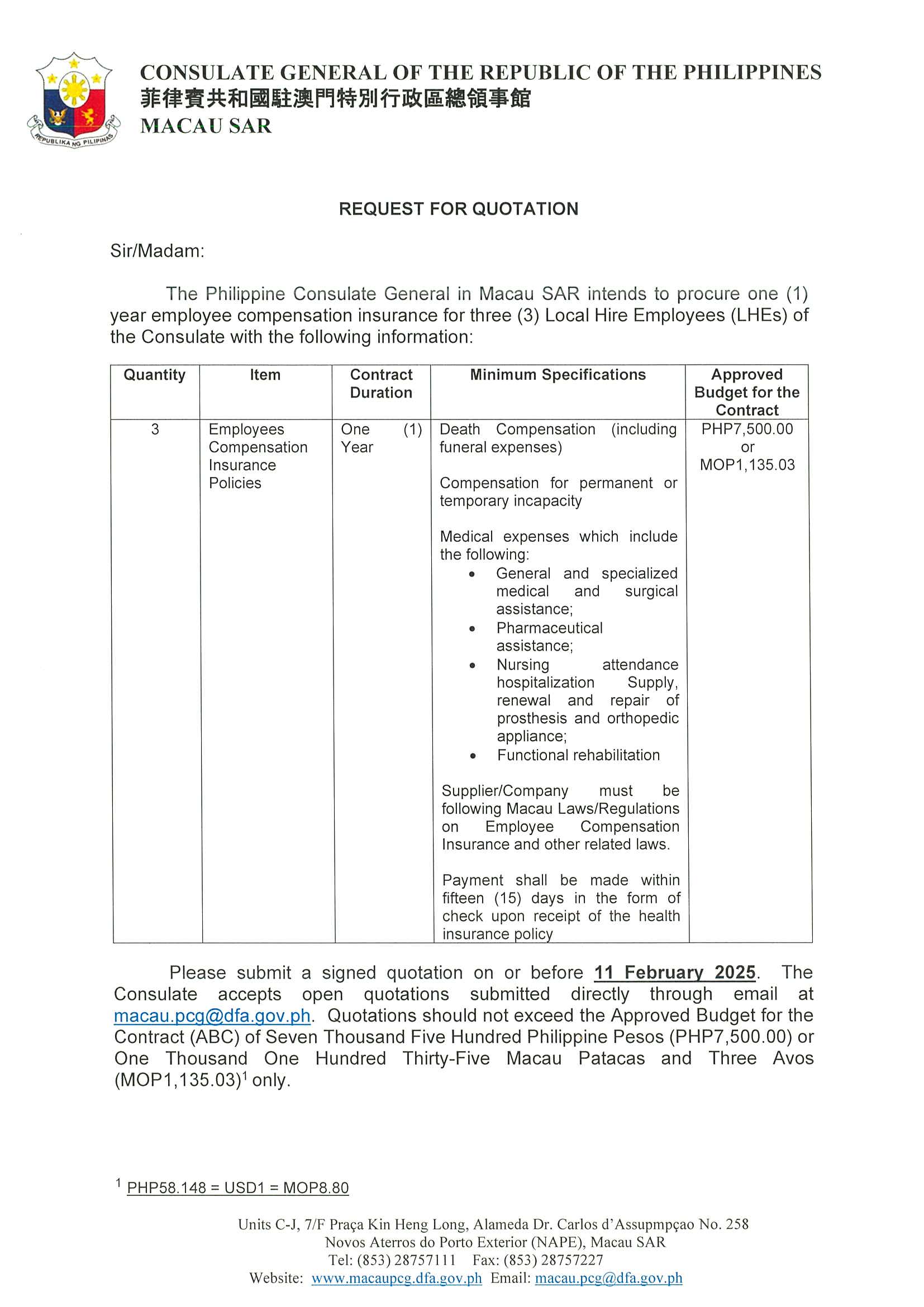 Revised Request For Quotation for the Procurement of One 1 Year Employee Compensation Insurance for Three 3 Local Hire Employees of the Consulate 